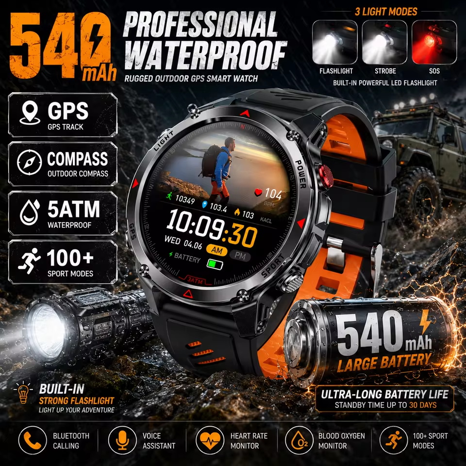 ทหาร 540mAh GPS สมาร์ทวอทช์ 3A - Android Smartwatch Accessories บทวิจารณ์และราคา